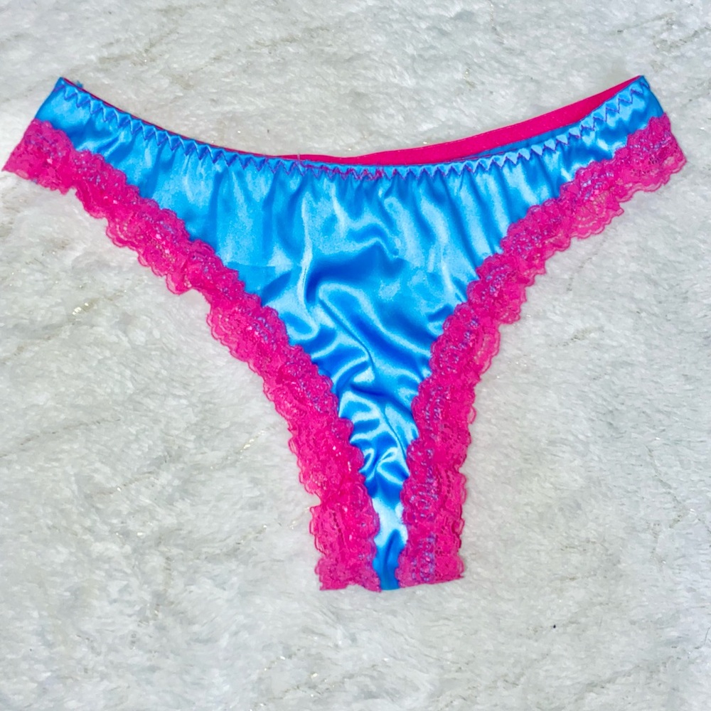 Satin Lace Trim Thong - Blue and Pink